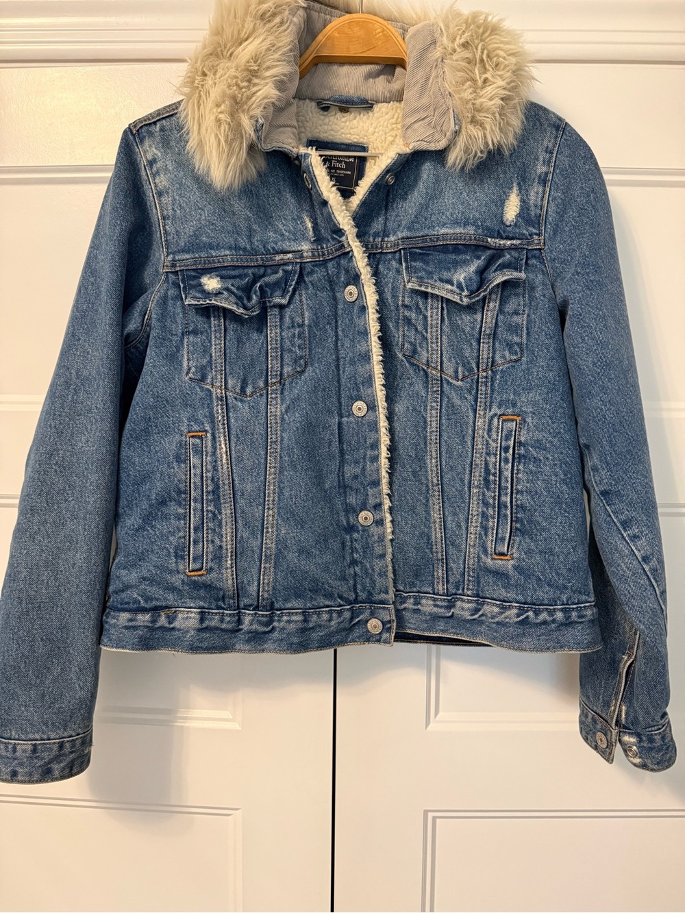 Abercrombie & Fitch Light Blue Denim Jacket with Cream Faux Fur Collar